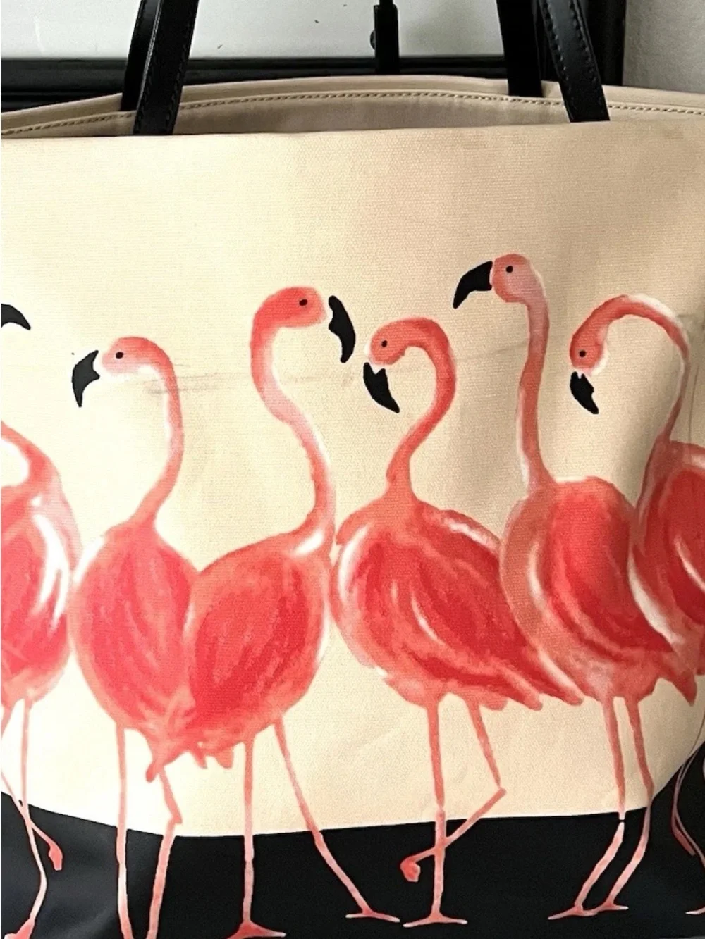 Canvas Flamingo Tote Bag with Black Trim see all pictures. It has black marks.